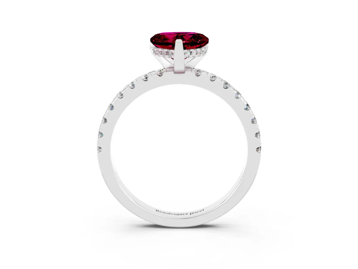 Heart Cut Garnet Solitaire Ring with Round Pavé Band and Four-Prong Setting Silver