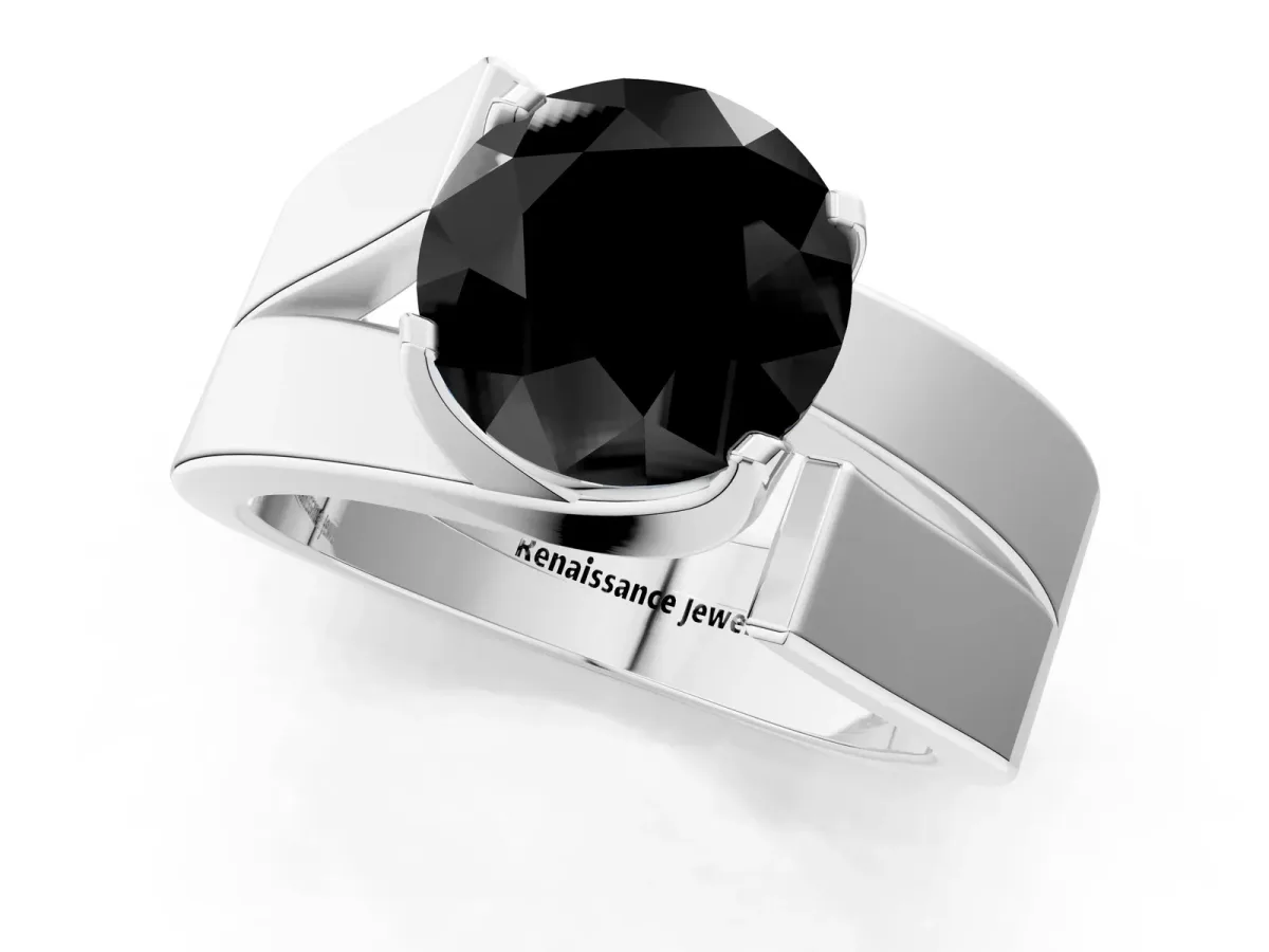 Fancy Black Modern Tension Set Round Cut Diamond Solitaire Wide Band Ring Platinum