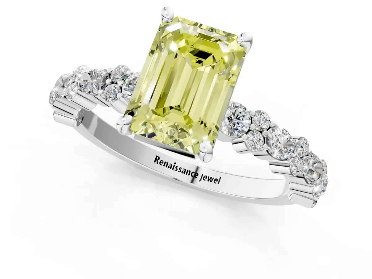 Fancy Yellow Emerald Cut Diamond Side Stone Solitaire Ring with Round and Four-Prong Setting White gold