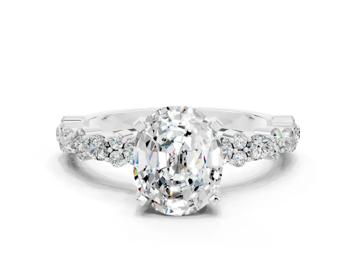 Oval Cut Moissanite Side Stone Solitaire Ring with Round and Four-Prong Setting White gold