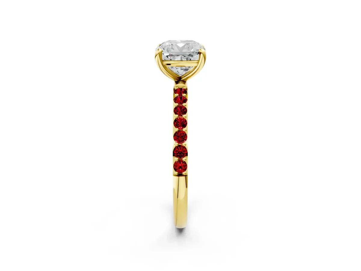 Cushion Cut Diamond Solitaire Ring with Round Ruby Pavé Band and Prong Setting Yellow gold