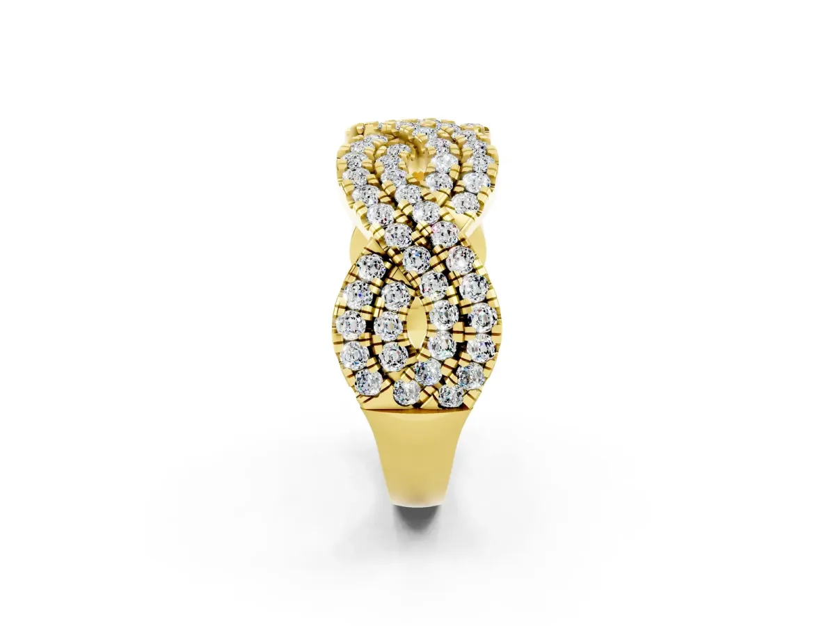 Pavé Round Moissanite Infinity Twist Band with Shared Prong Setting Yellow gold