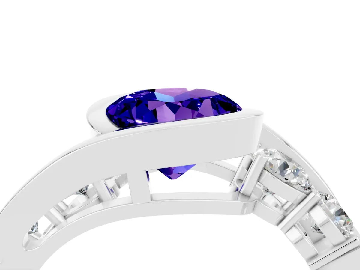 Bezel Set Round Cut Tanzanite Bypass Ring with Round Accents Silver