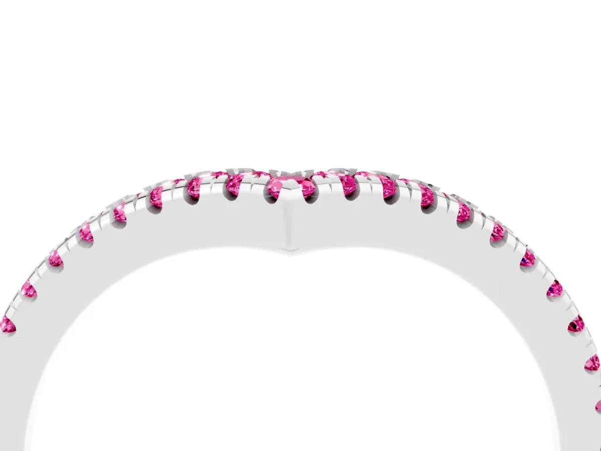 Pavé Round Pink Sapphire V-Shaped Chevron Band with Shared Prong Setting Silver