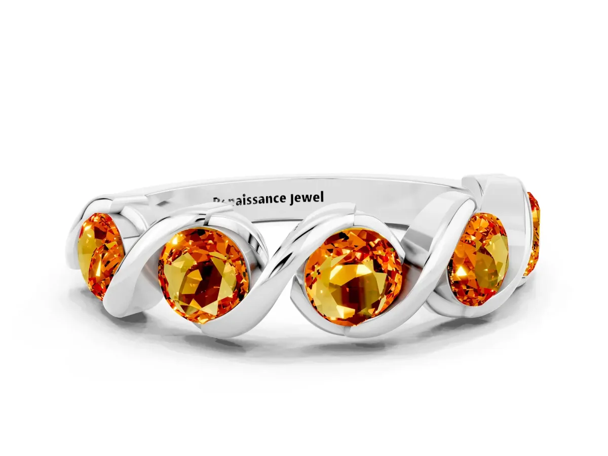 Round Citrine Wave Band with Channel Setting and Shared Prongs White gold