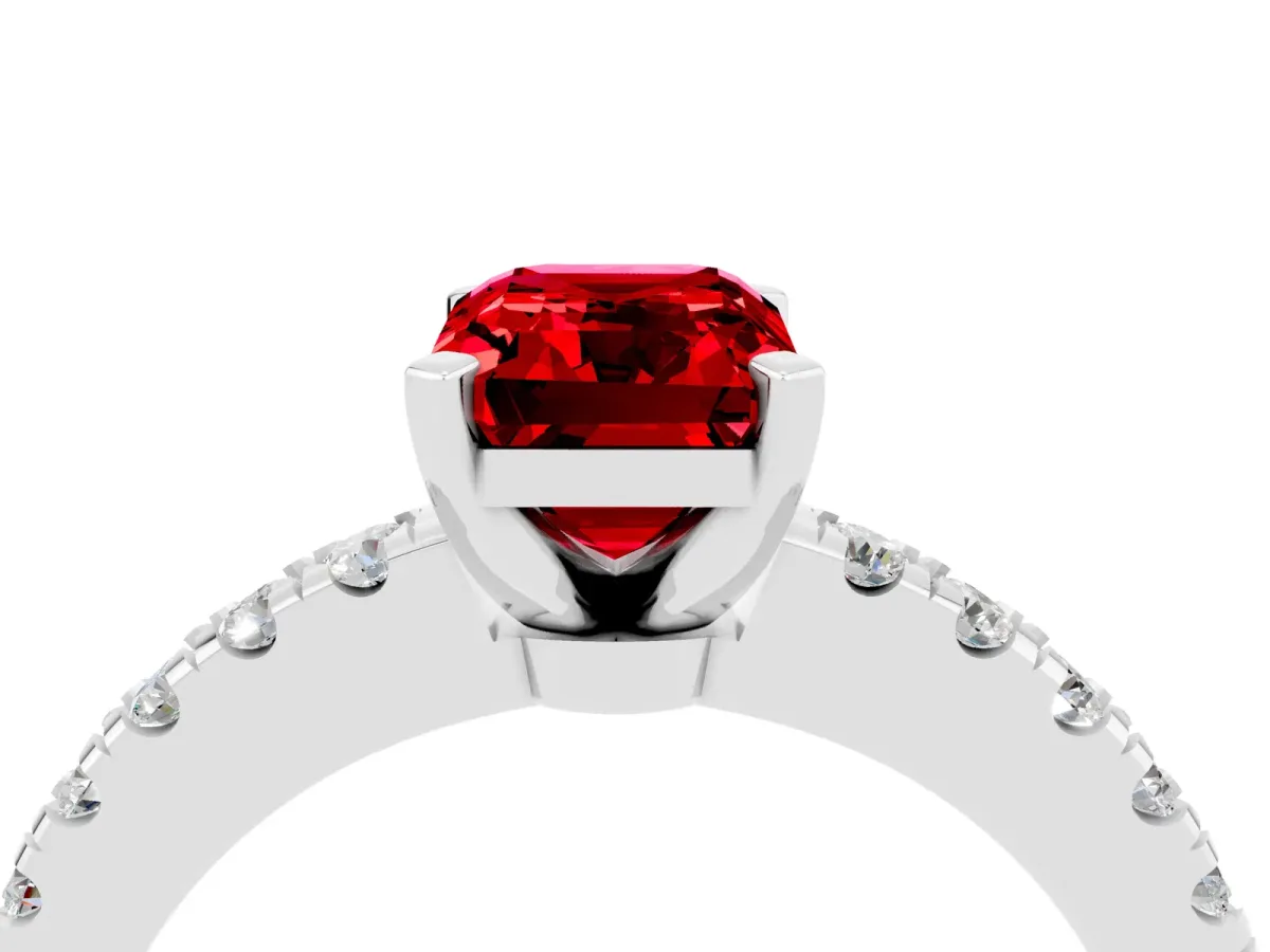 Emerald Cut Solitaire Ruby with Pavé Band and Four-Prong Setting Silver