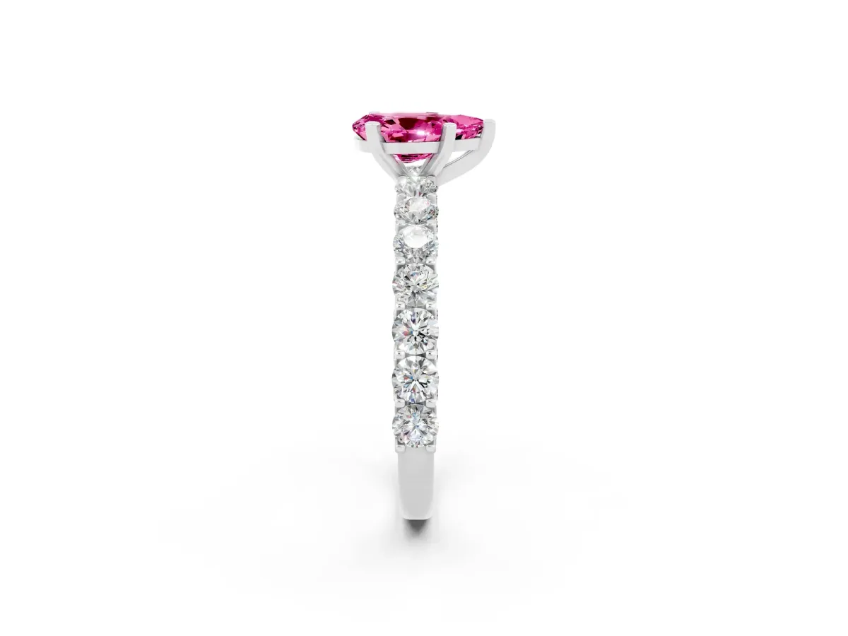 Pear Cut Pink Sapphire Solitaire Ring with Shared Prong Pavé Band and Four-Prong Setting Silver