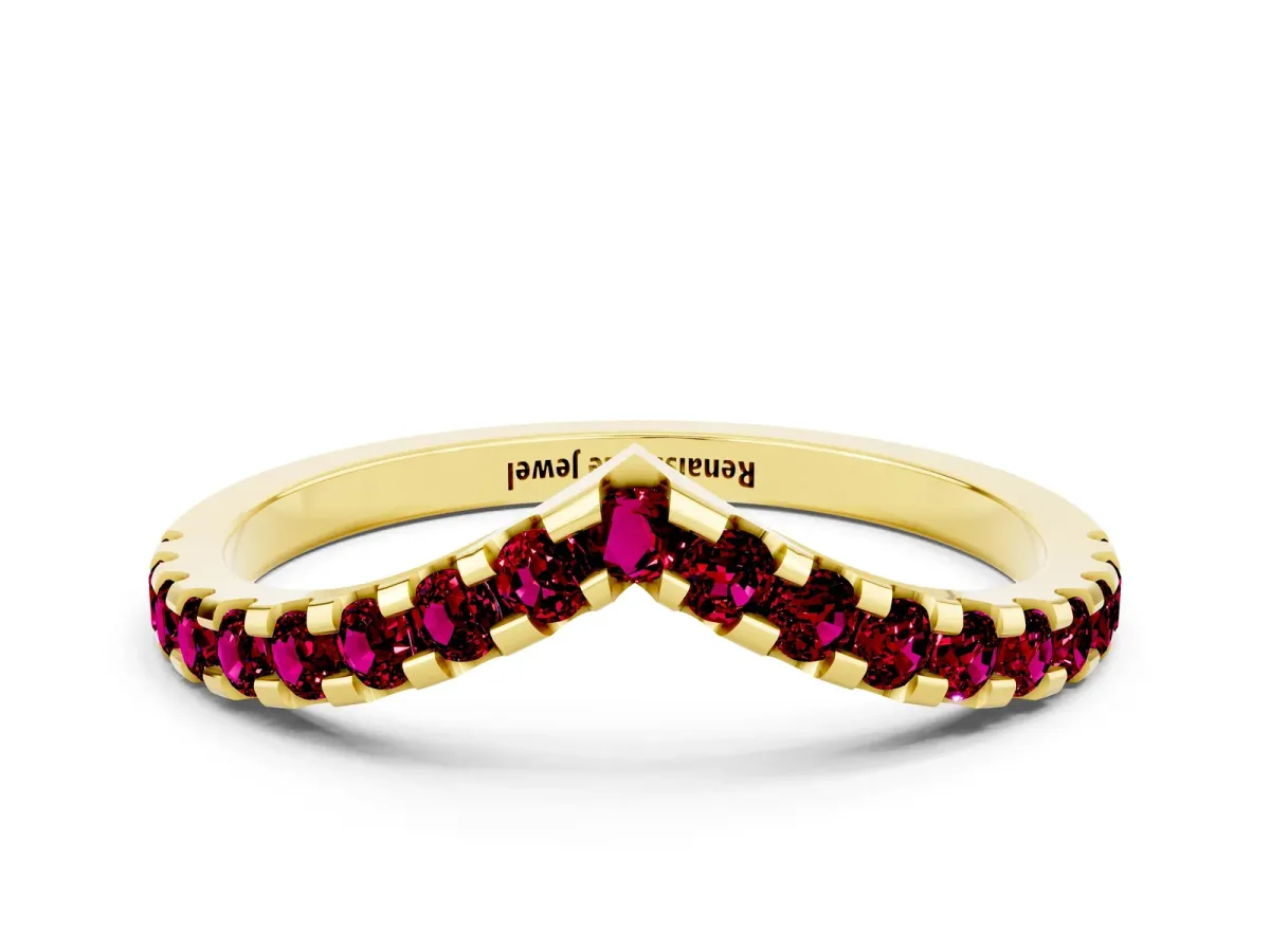 Pavé Round Garnet Chevron Band with Shared Prong Setting Yellow gold