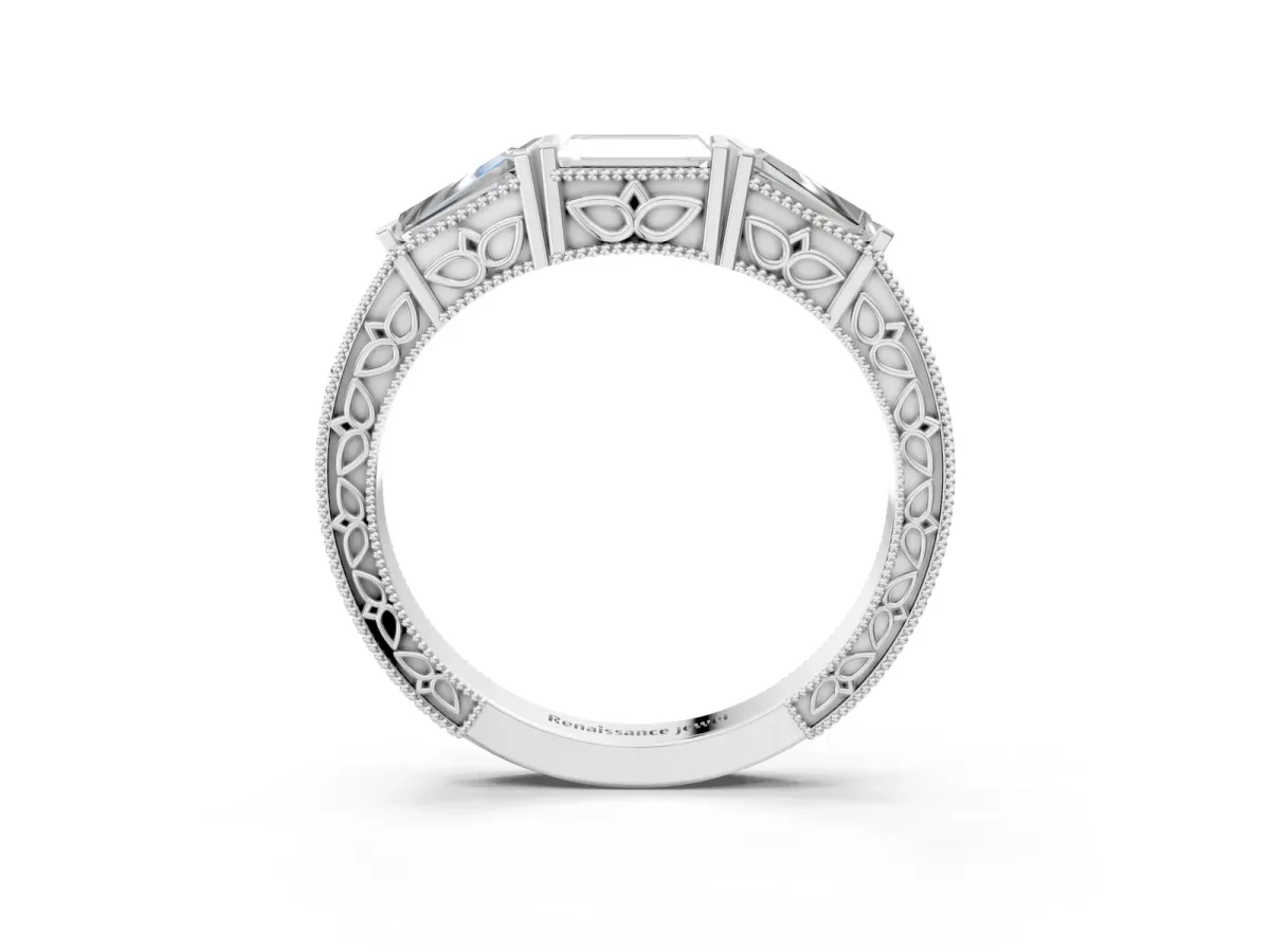Baguette Cut Channel Set Milgrain Band with V-Prong Setting Platinum