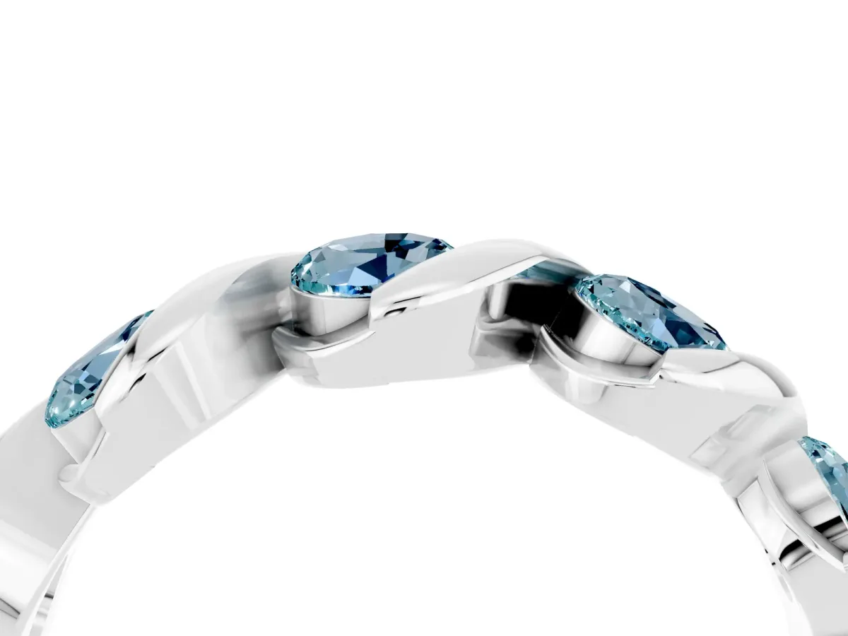 Round Aquamarine Wave Band with Channel Setting and Shared Prongs Platinum