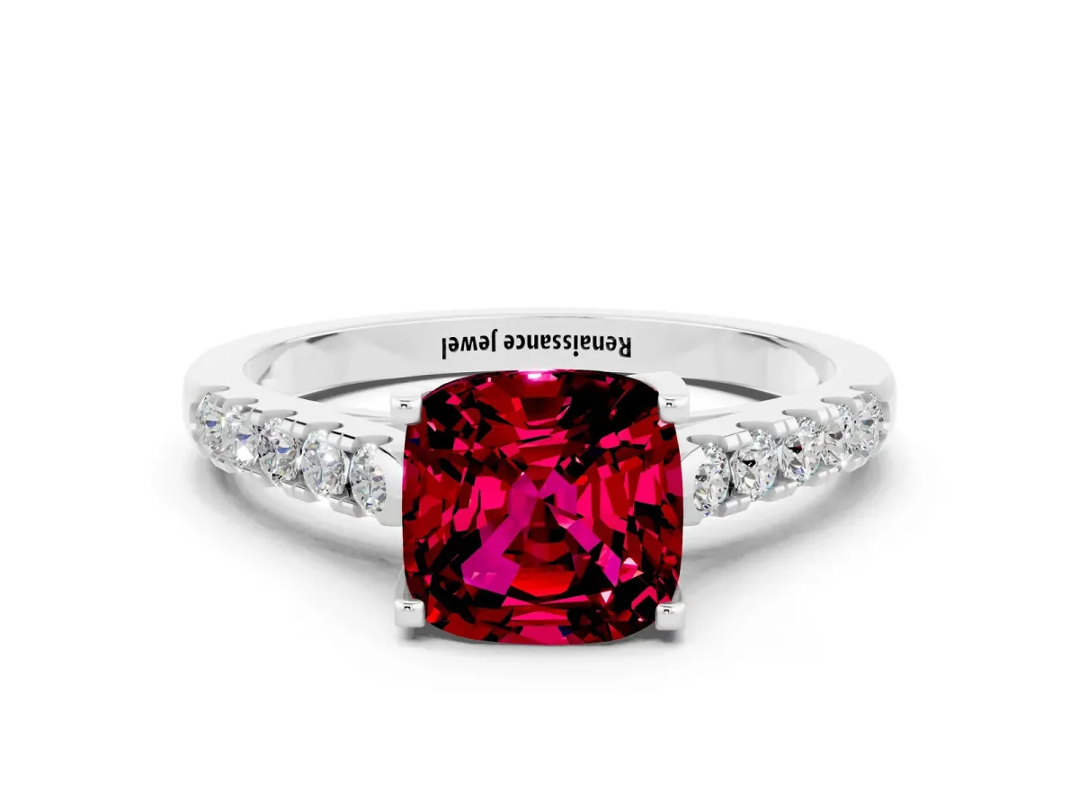 Cushion Cut Garnet Pavé Band Solitaire Ring with Prong Setting Platinum