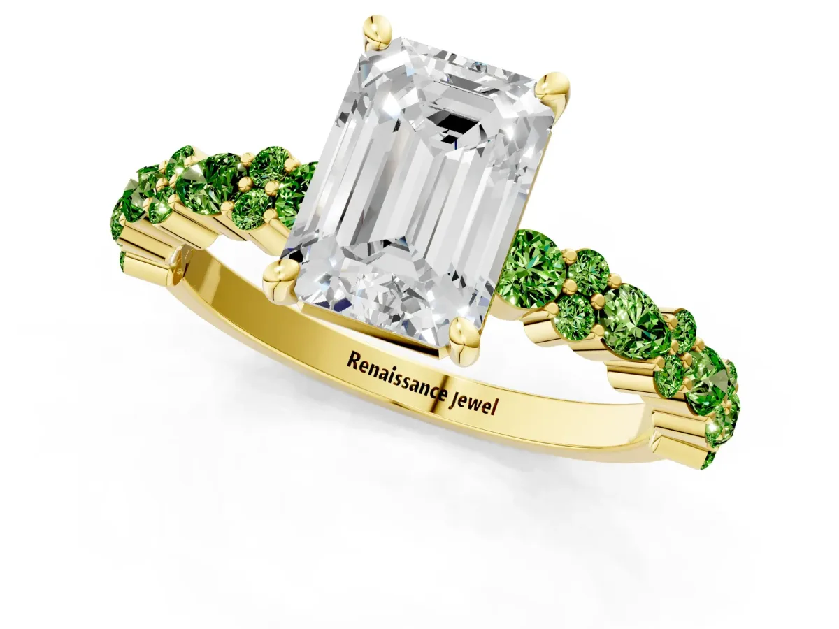 Emerald Cut Diamond Side Stone Solitaire Ring with Round Peridot and Four-Prong Setting Yellow gold