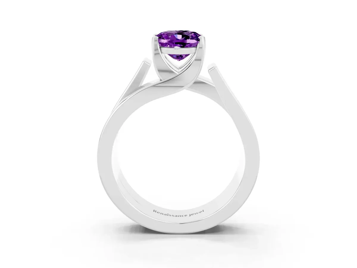 Modern Tension Set Oval Cut Amethyst Solitaire Wide Band Ring Silver