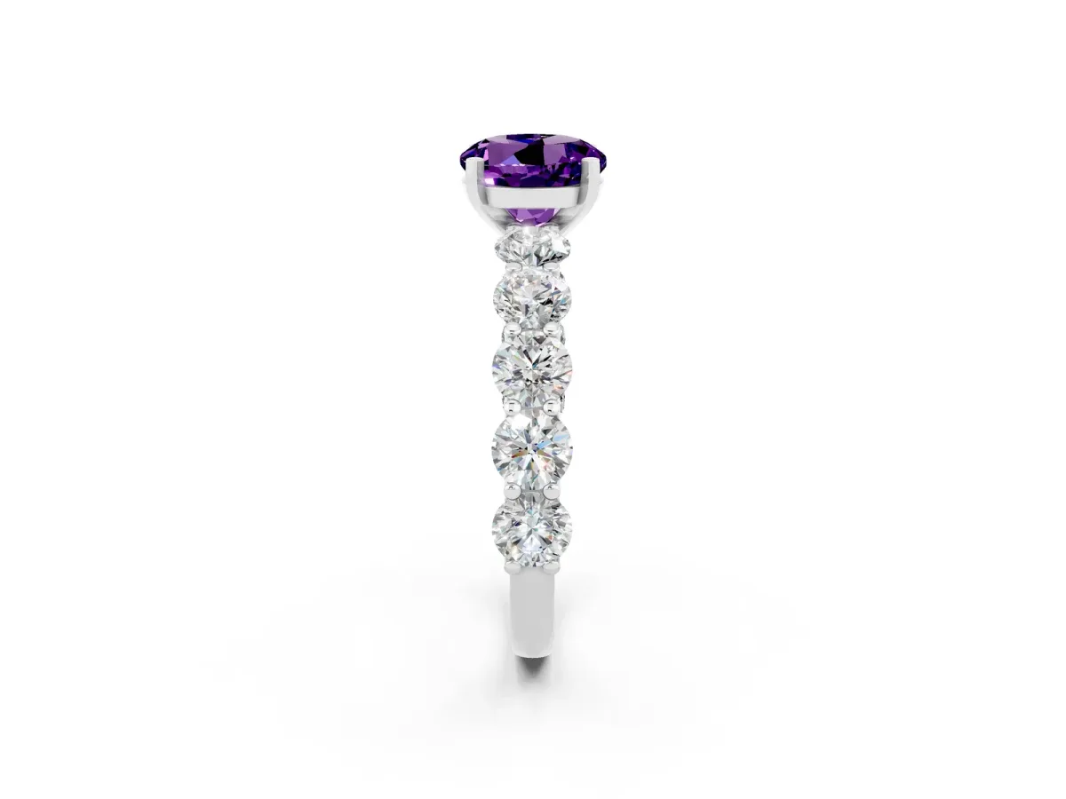 Round Cut Amethyst Prong Setting with Side Stones on a Pave Band Silver