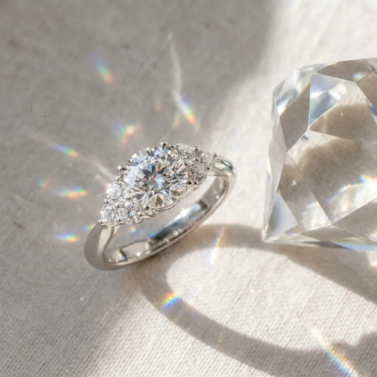 Asscher Cut Brilliant Diamond Cluster Accent Solitaire Ring with Prong Setting Platinum