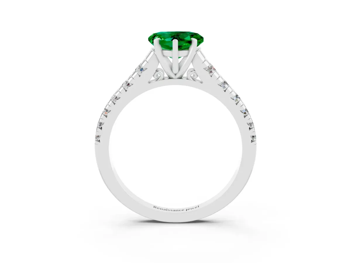 Heart Cut Emerald Cathedral Solitaire Ring with Round Pavé Band Silver
