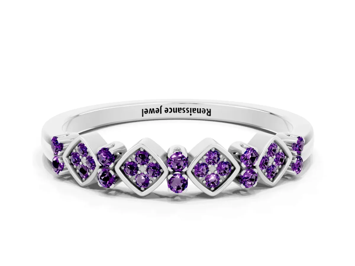 Pavé Cushion Amethyst Cluster Eternity Band with Prong Setting Silver