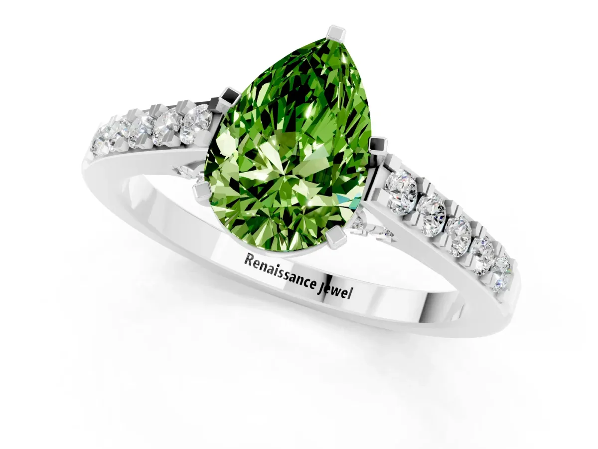 Pear Cut Peridot Solitaire Ring with Crossover Gallery and Round Pavé Band Silver