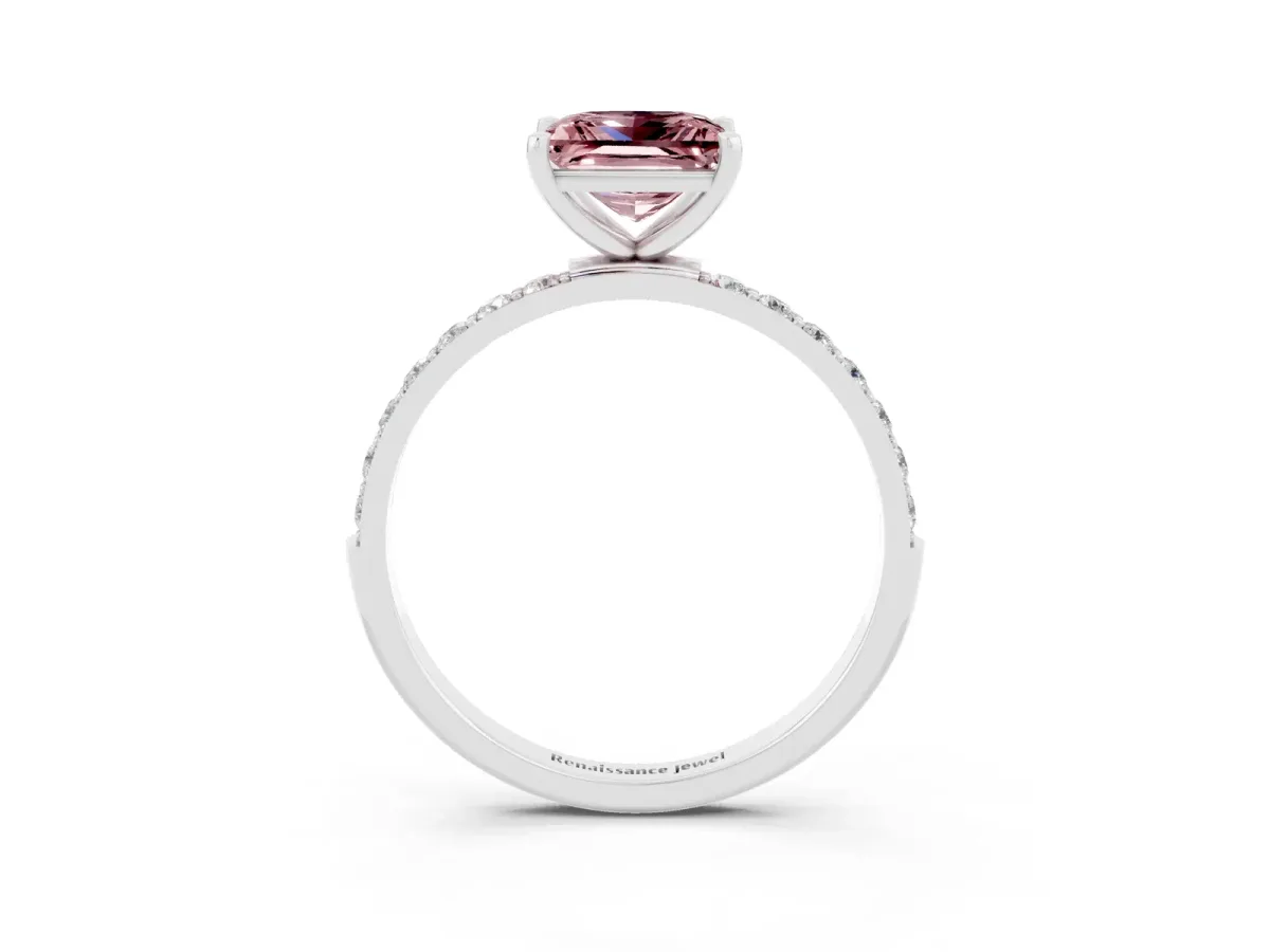 Princess Cut Morganite Solitaire Ring with Round Pavé Band and Prong Setting Silver