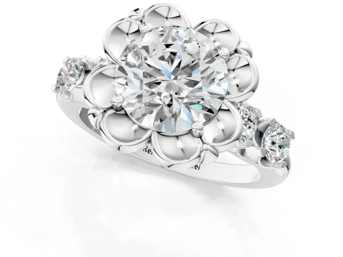 Round Cut Cut Diamond Floral Halo Engagement Ring with Shared Prong Setting Platinum