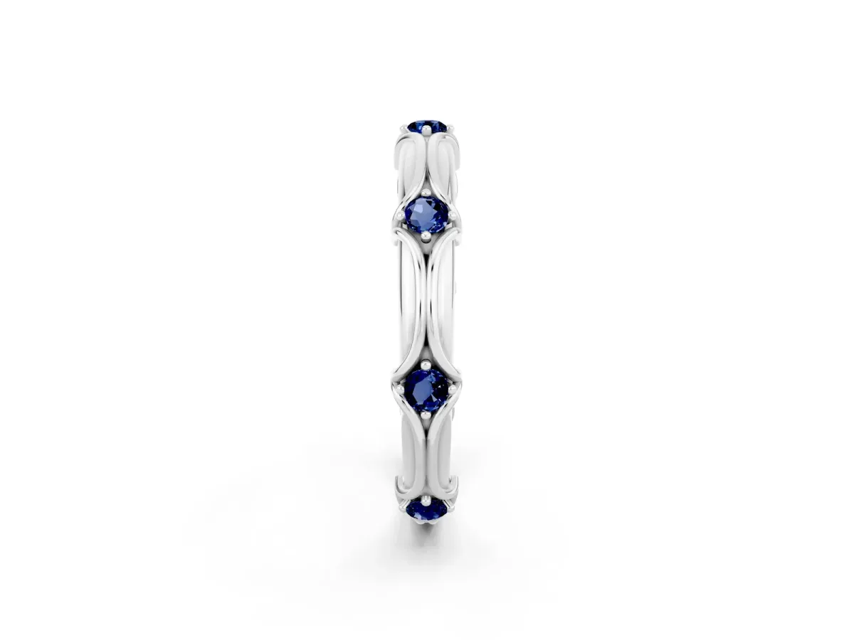 Round Blue Sapphire Prong Set Milgrain Eternity Band Silver