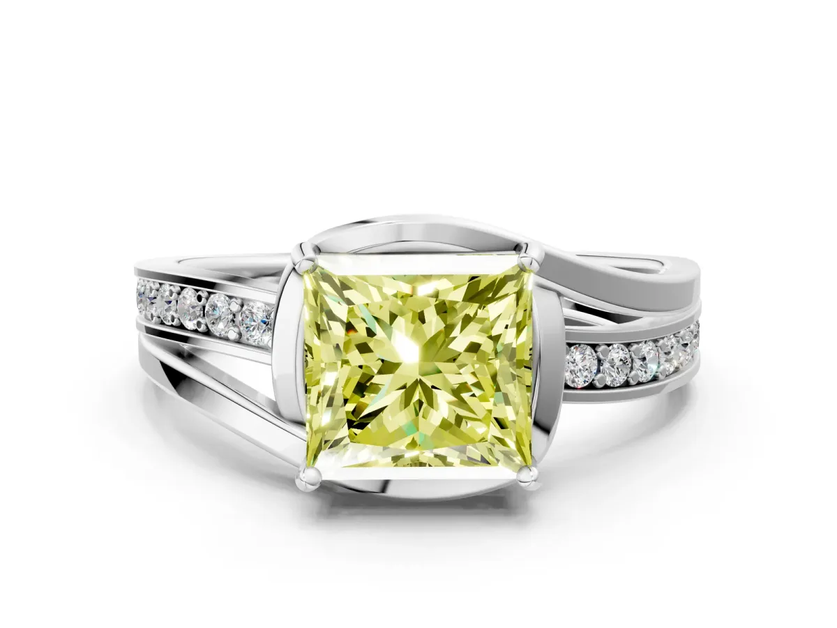 Fancy Yellow Princess Cut Diamond Solitaire Ring with Split Shank and Prong Setting Platinum