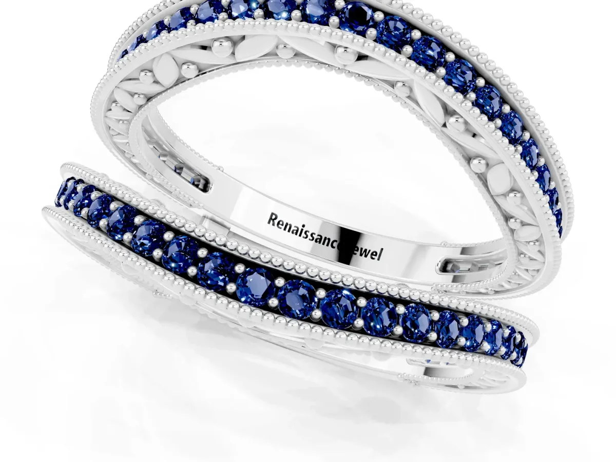 Round Blue Sapphire Milgrain Eternity Band with Channel Setting White gold