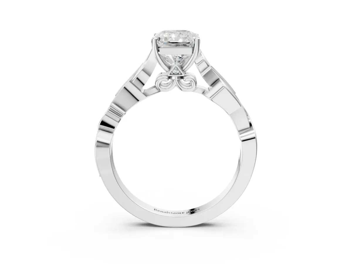 Radiant Cut Solitaire Vine Band with Milgrain Prong Setting Platinum
