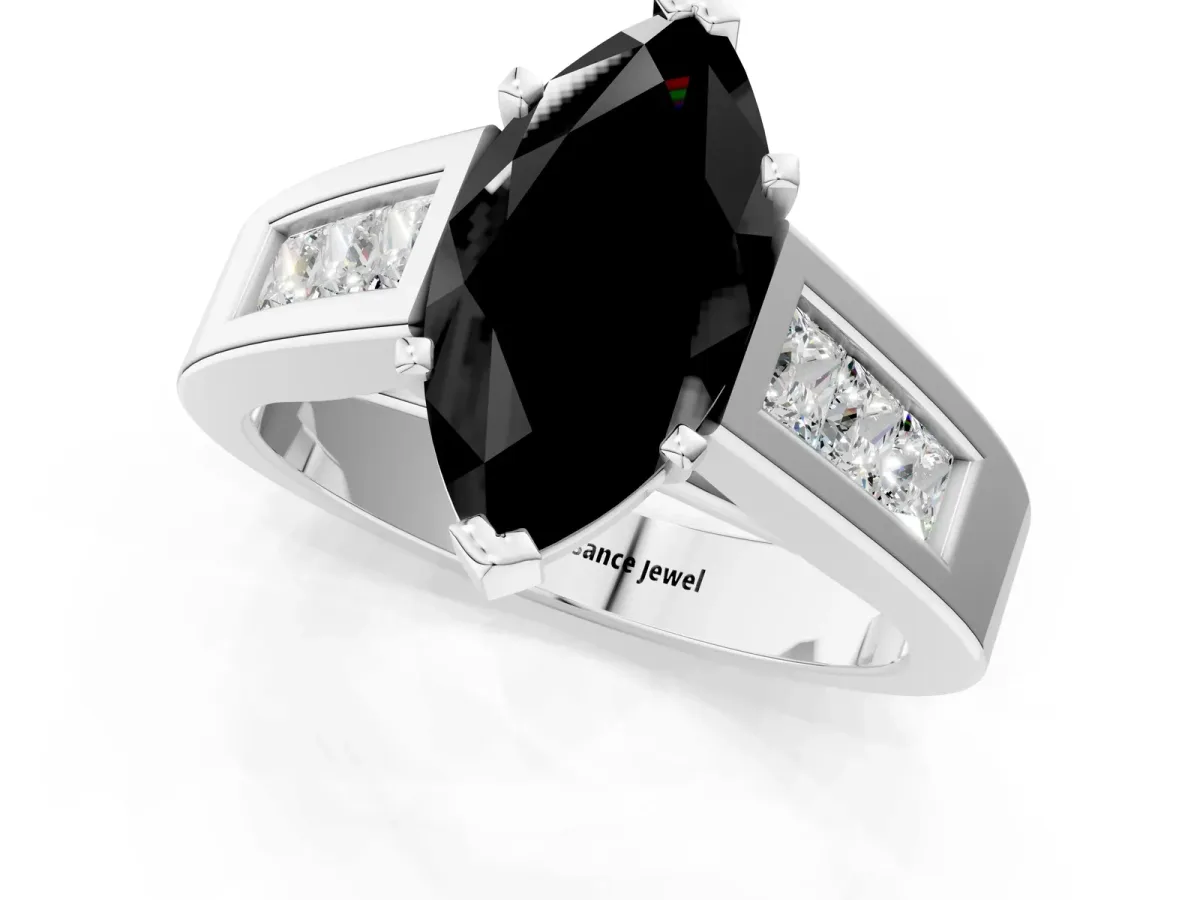 Fancy Black Marquise Cut Cut Channel Set Solitaire Ring with Four-Prong Setting Silver