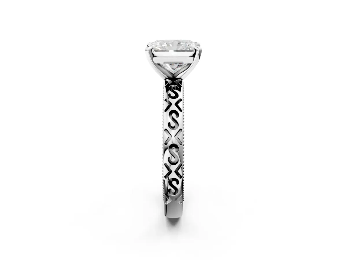 Radiant Cut Solitaire Engagement Ring with Scrollwork Band and Four-Prong Setting Platinum