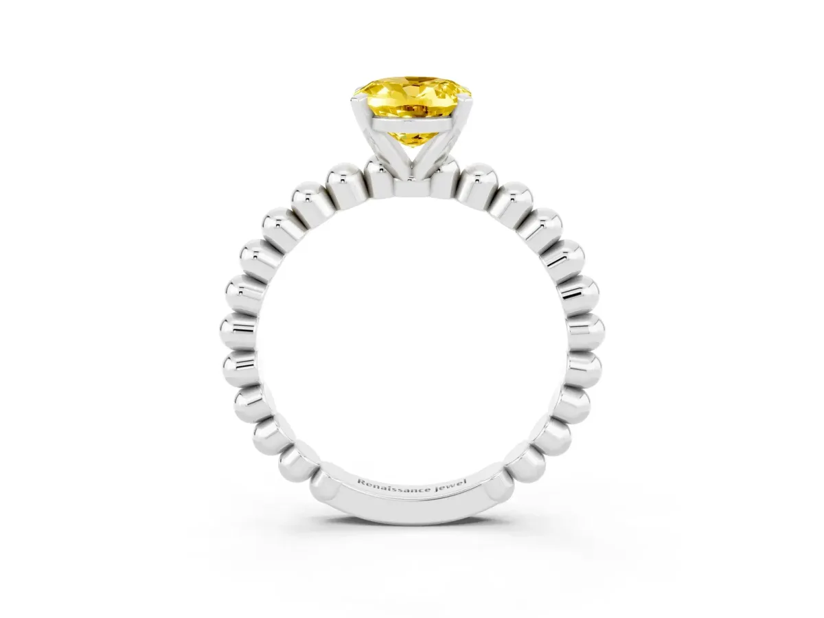 Oval Cut Yellow Sapphire Solitaire Ring with Beaded Band and Prong Setting Platinum