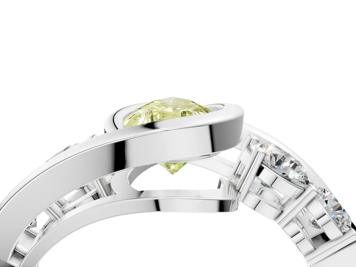 Fancy Yellow Bezel Set Pear Cut Diamond Bypass Ring with Round Accents Platinum