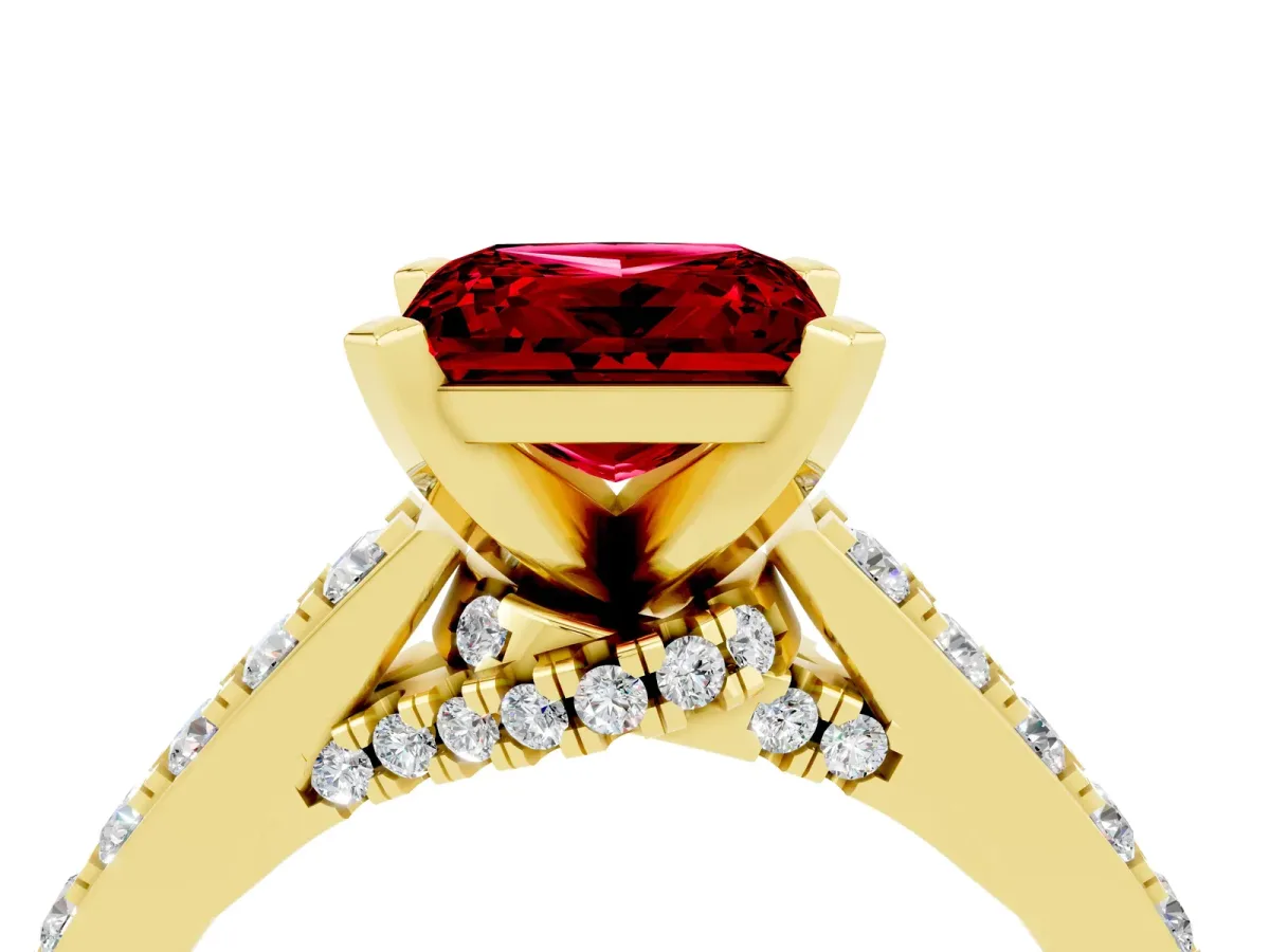 Princess Cut Ruby Solitaire Ring with Crossover Gallery and Round Pavé Band Yellow gold