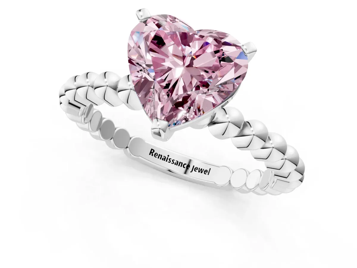 Fancy Pink Heart Cut Diamond Solitaire Ring with Beaded Band and Prong Setting Silver
