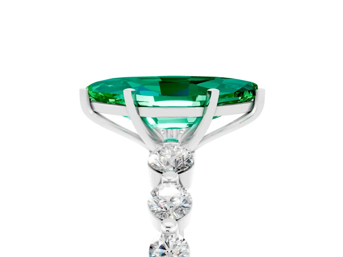 Marquise Cut Solitaire Emerald Ring with Pave Band and Four-Prong Setting Silver