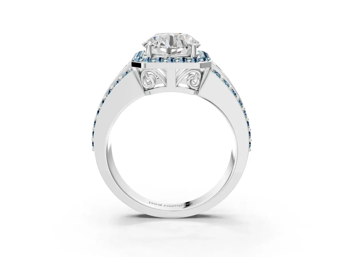 Round Cut Halo Diamond Ring with Round Aquamarine Split Shank and Prong Setting Silver