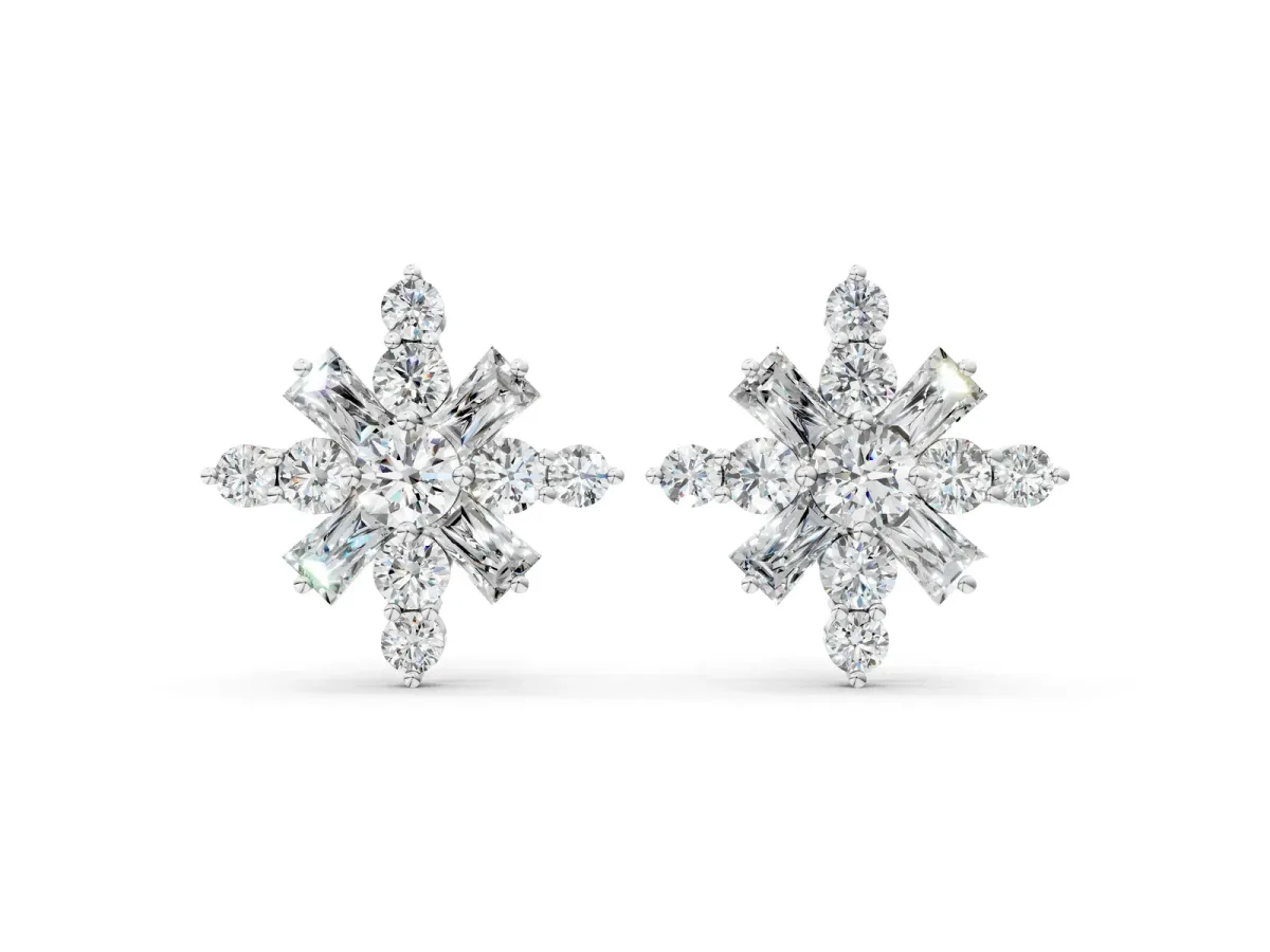Round Cut Diamond Snowflake Cluster Stud Earrings Silver