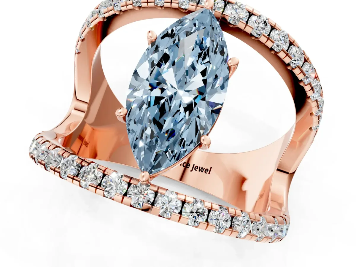 Fancy Blue Marquise Cut Solitaire Split Shank Pave Diamond Ring Rose gold