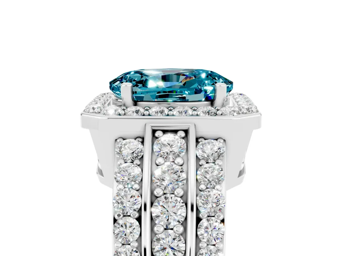 Oval Cut Halo Blue Topaz Ring with Round Split Shank and Prong Setting Platinum