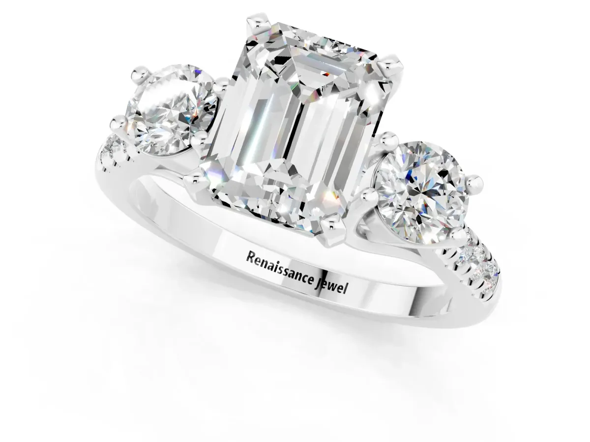 Three-Stone Emerald Cut Moissanite Pavé Band with Four-Prong Setting Silver