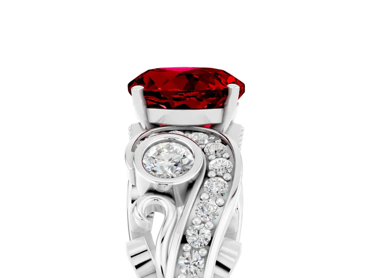 Round Cut Ruby Solitaire Ring with Milgrain Pavé Band and Four-Prong Setting Silver