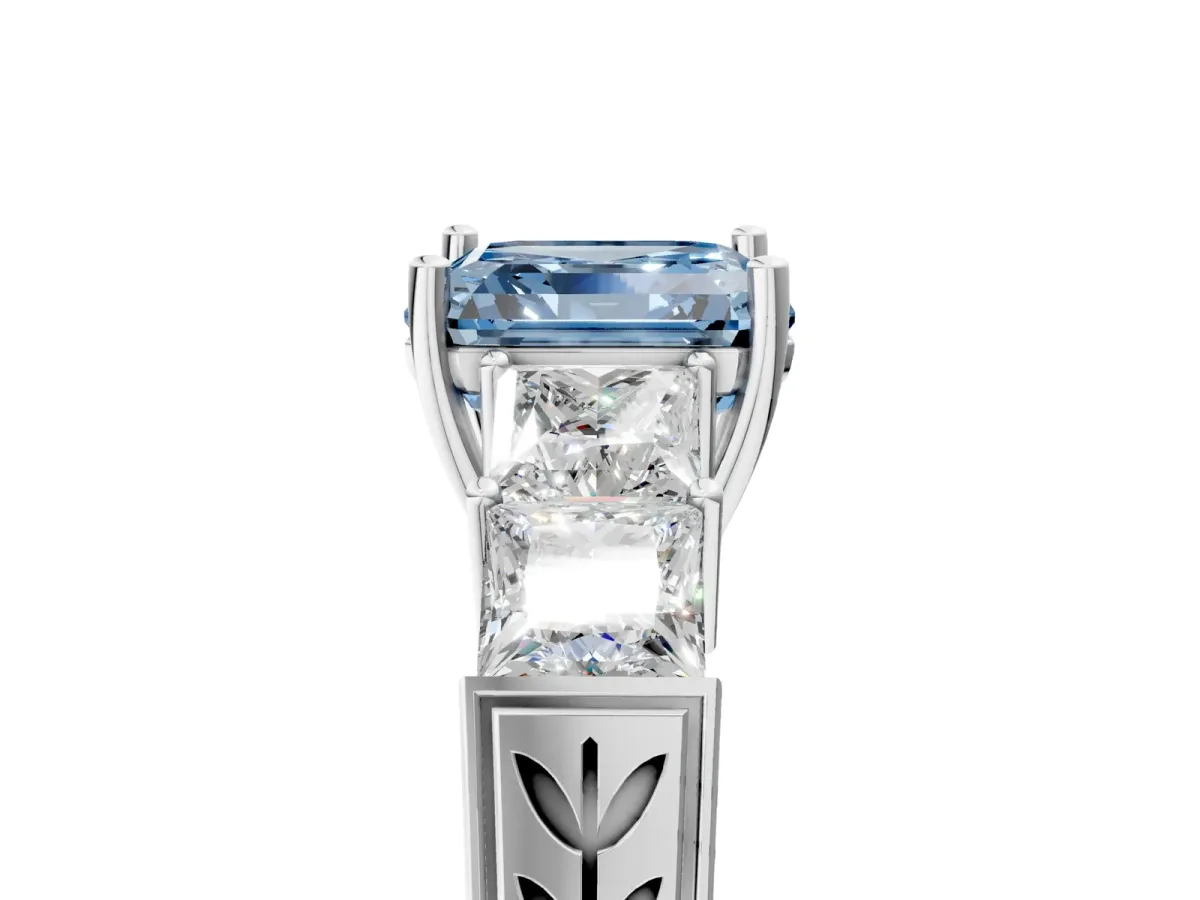 Fancy Blue Asscher Cut Solitaire Princess Side Stone Engraved Band Prong Setting Ring Silver