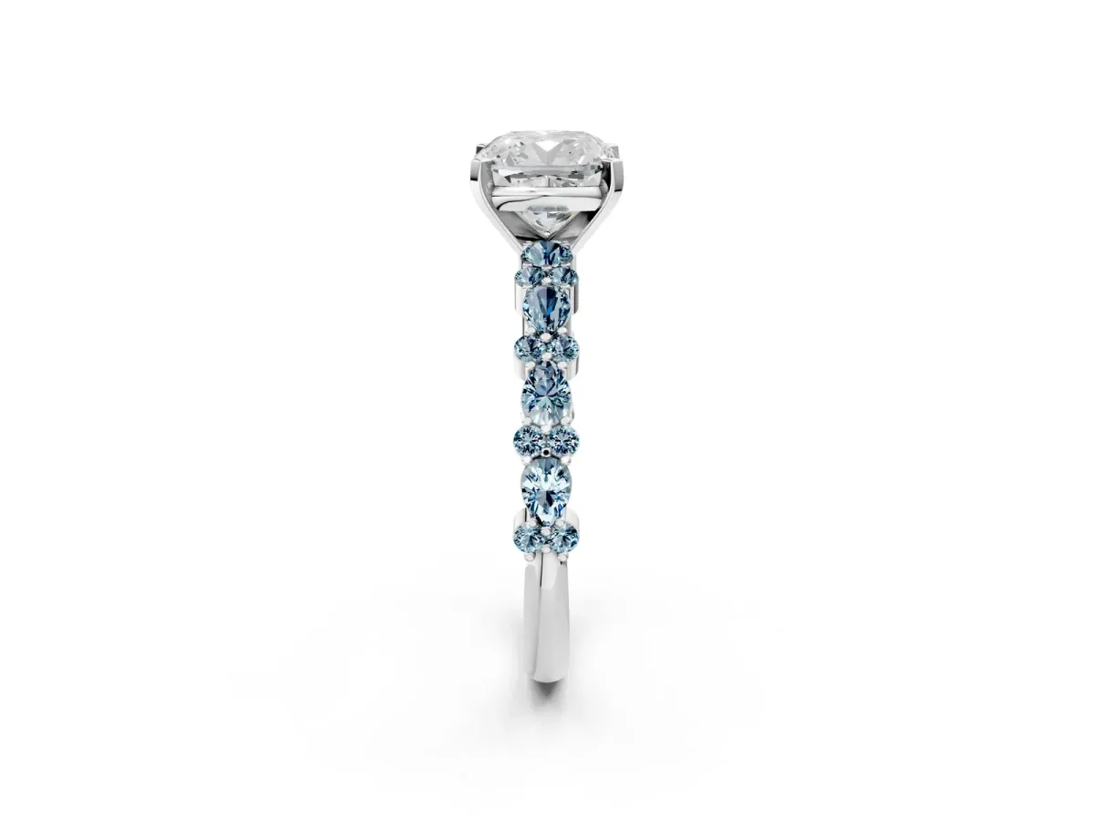 Cushion Cut Diamond Side Stone Solitaire Ring with Round Aquamarine and Four-Prong Setting Silver