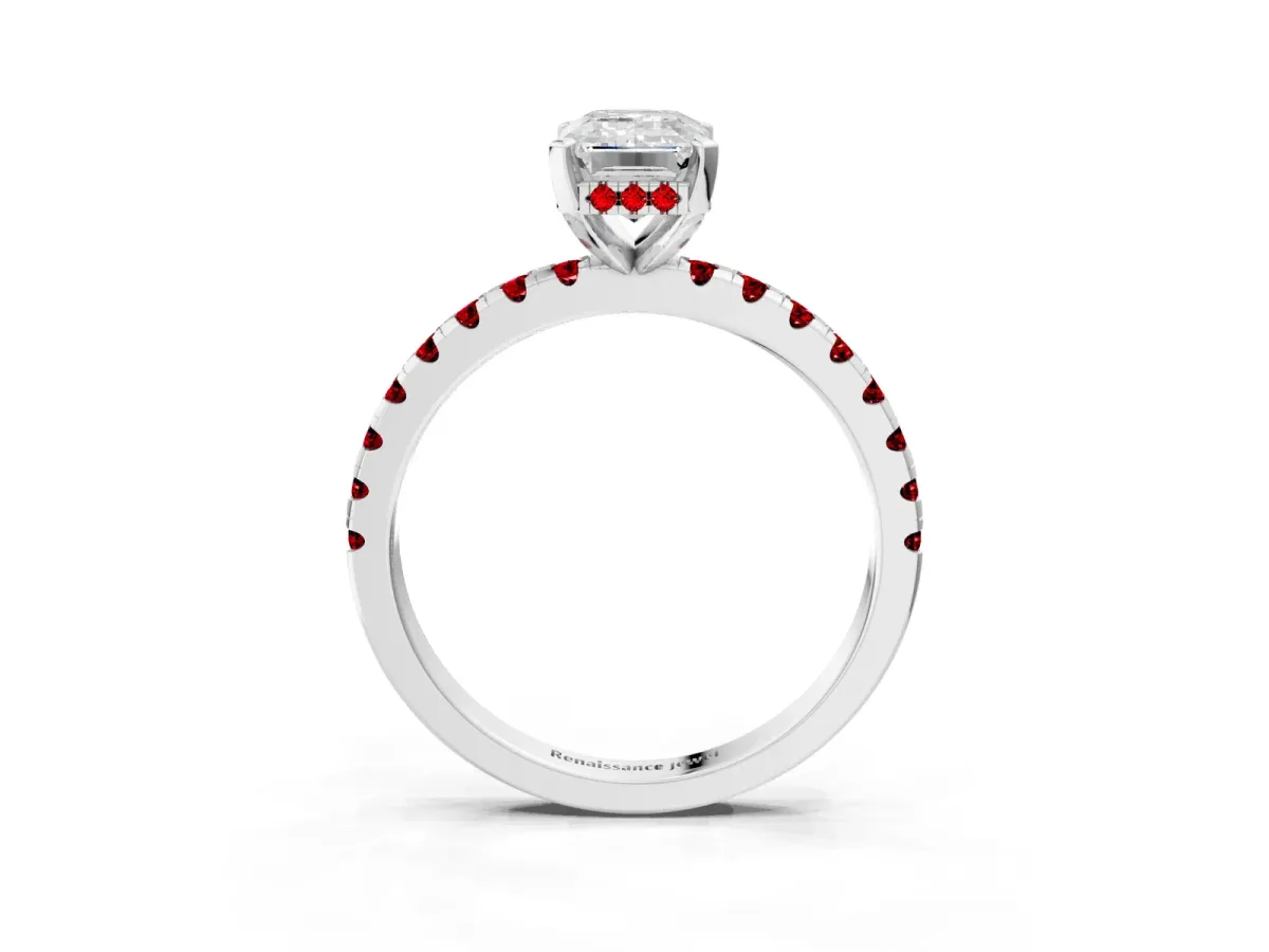 Emerald Cut Diamond Solitaire Ring with Round Ruby Pavé Band and Four-Prong Setting Platinum