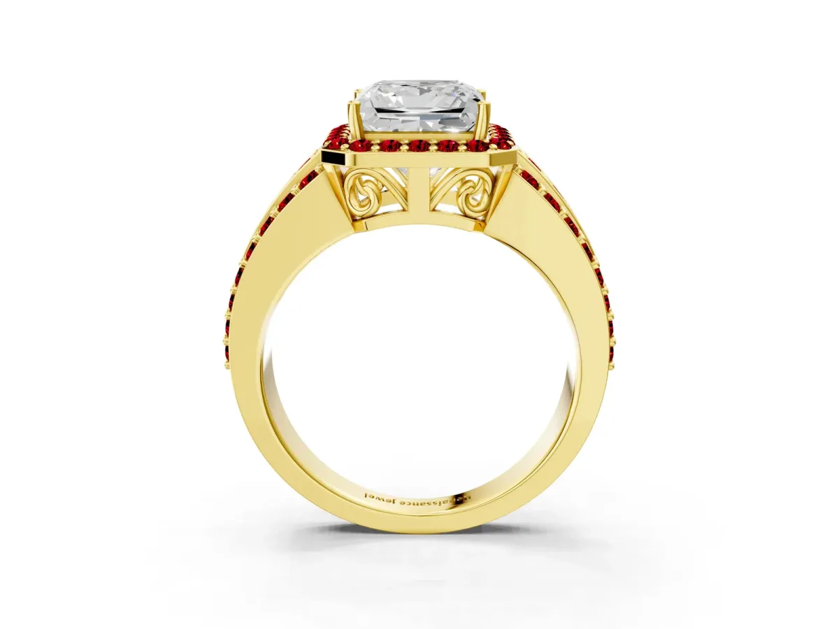Princess Cut Halo Diamond Ring with Round Ruby Split Shank and Prong Setting Yellow gold