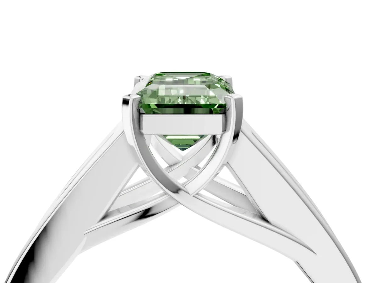 Fancy Green Emerald Cut Cut Channel Set Solitaire Ring with Four-Prong Setting Silver
