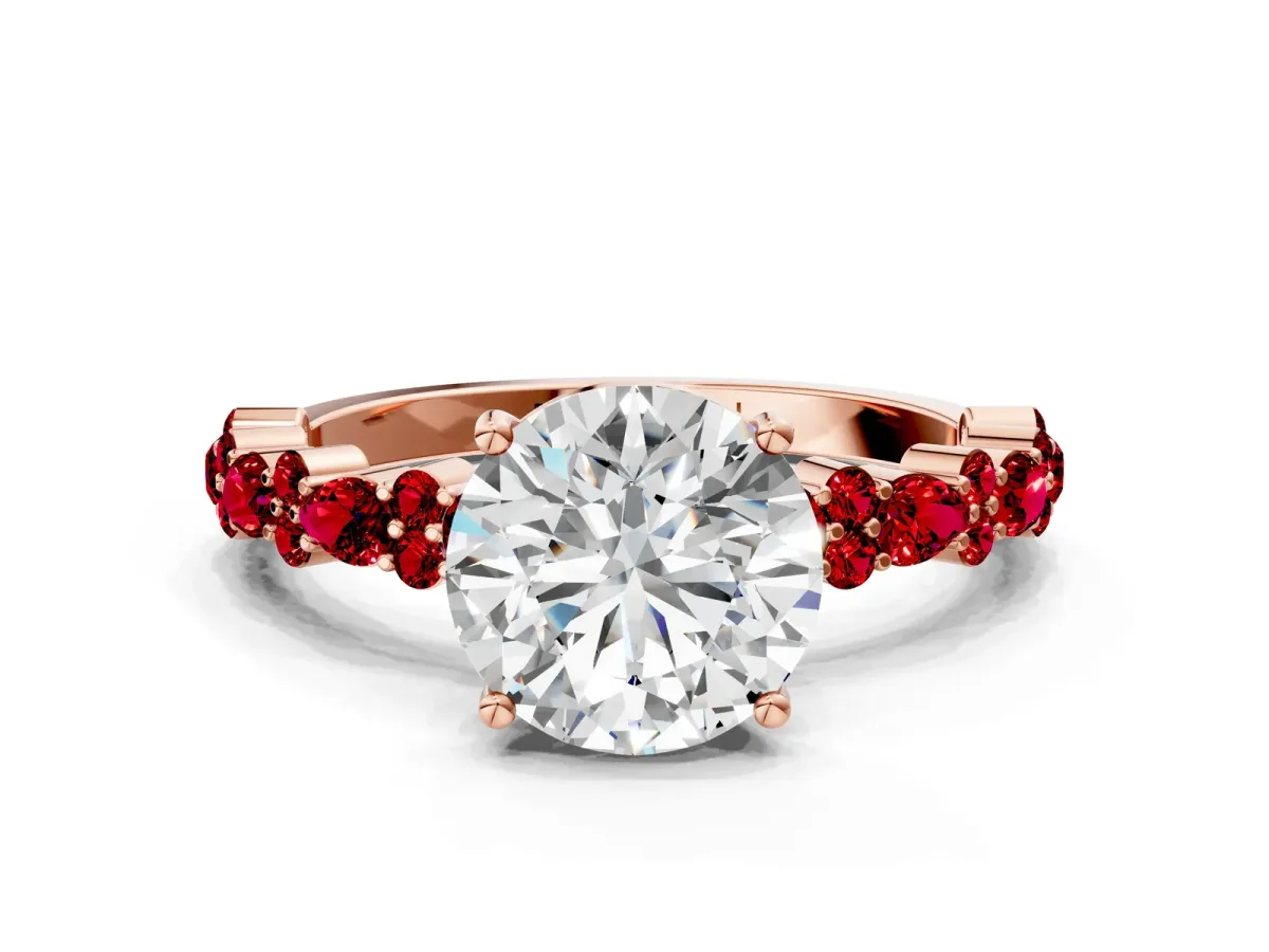 Round Cut Diamond Side Stone Solitaire Ring with Round Ruby and Four-Prong Setting Rose gold