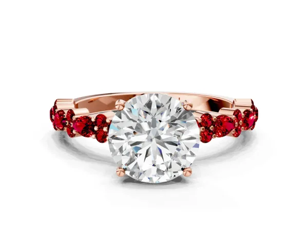 Round Cut Diamond Side Stone Solitaire Ring with Round Ruby and Four-Prong Setting Rose gold