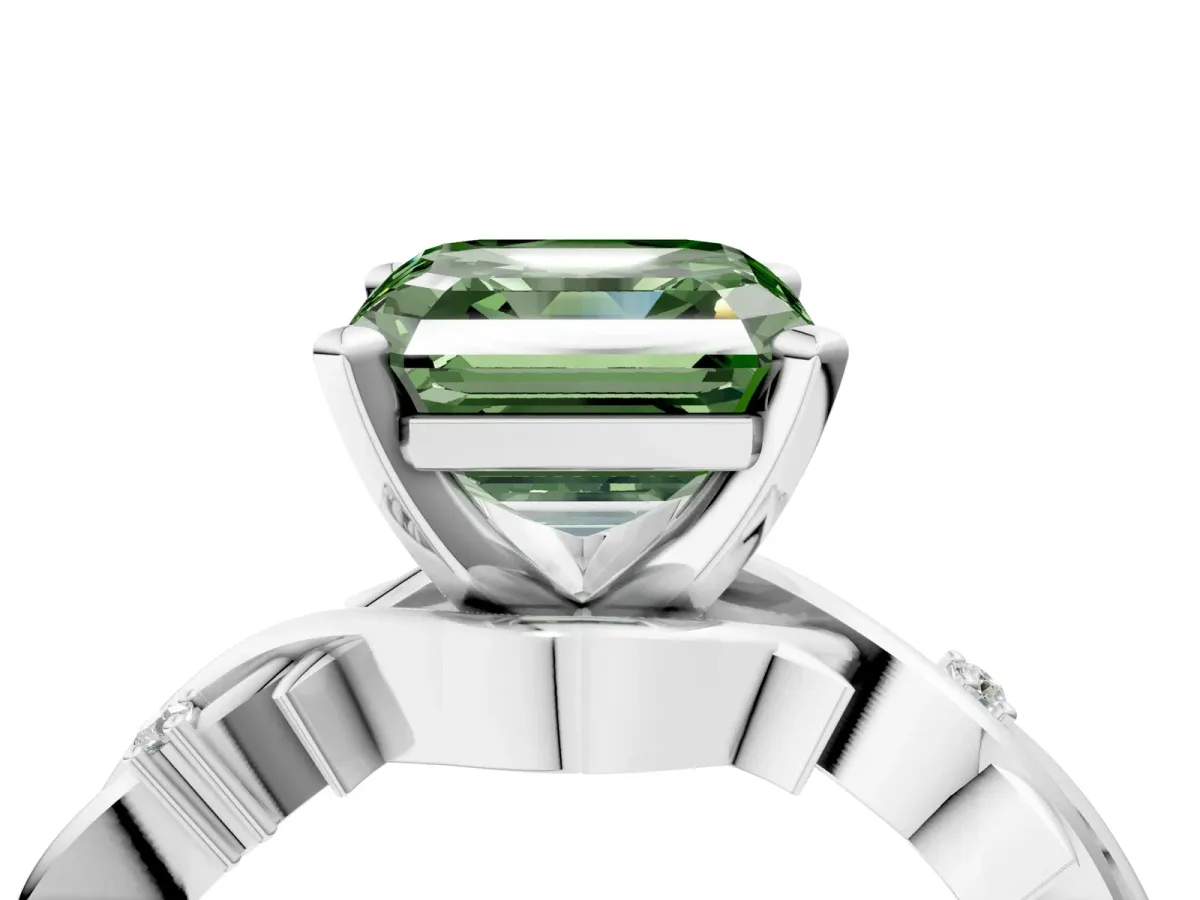 Fancy Green Asscher Cut Diamond Solitaire Ring with Twisted Band and Prong Setting Silver
