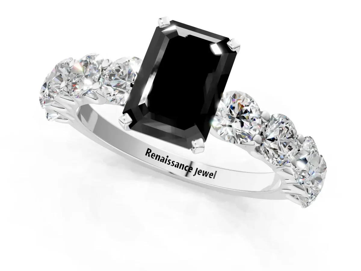 Fancy Black Emerald Cut Diamond Prong Setting with Side Stones on a Pave Band Platinum